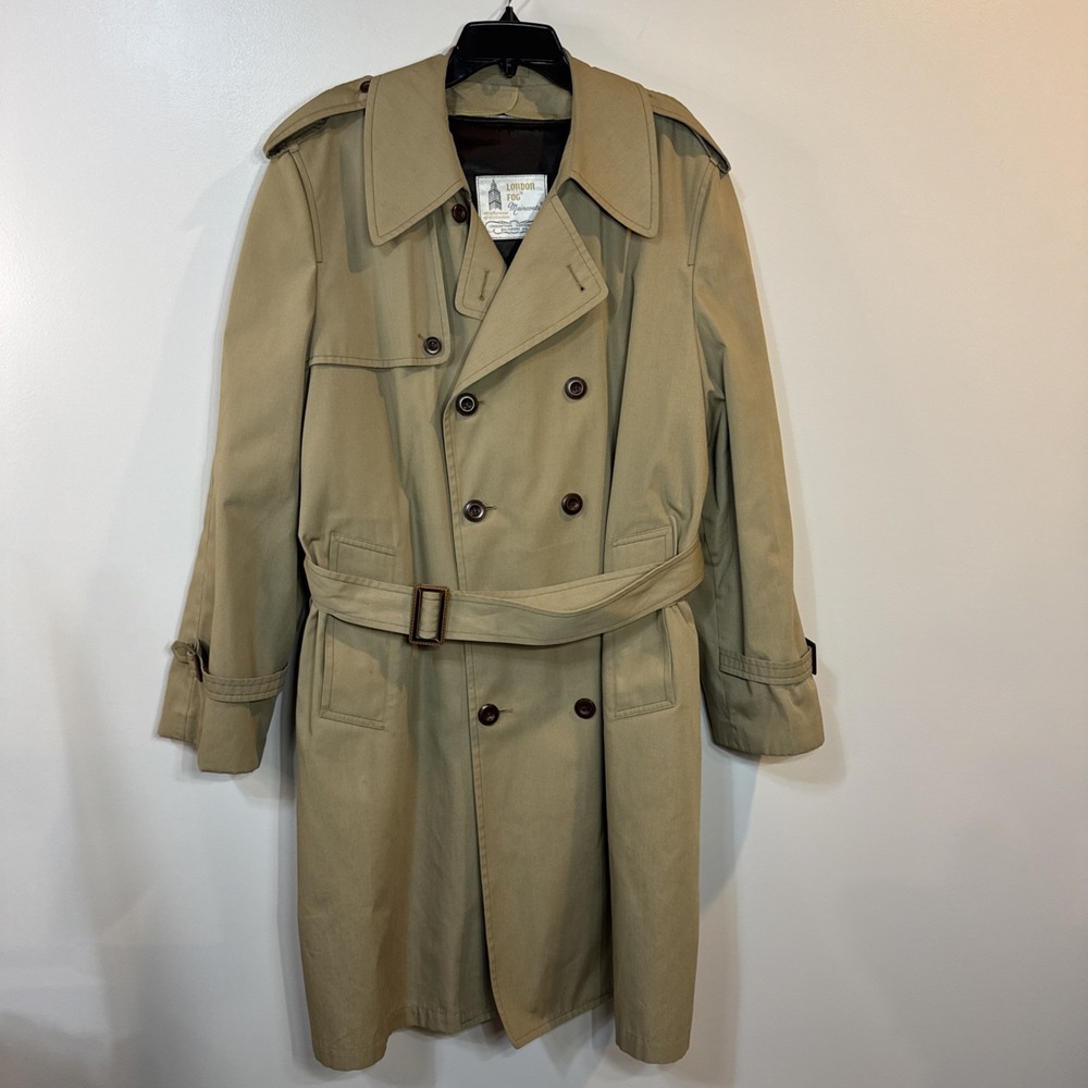 London Fog Maincoats Sz 44‎ R  Men's Classic Tan/Khaki Trench Coat W/Lining Vtg